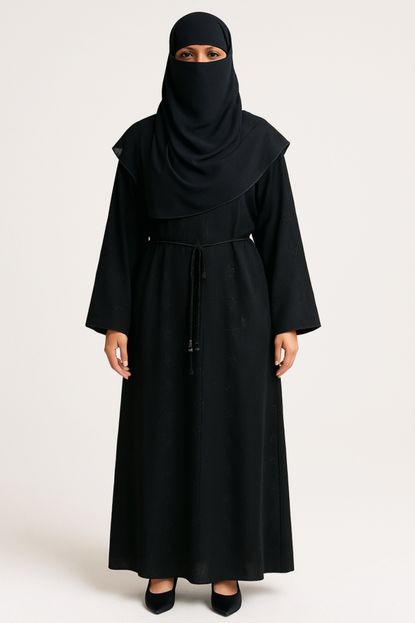 Classic Black Lace Abaya – Elegant Modest Wear with Stone Work