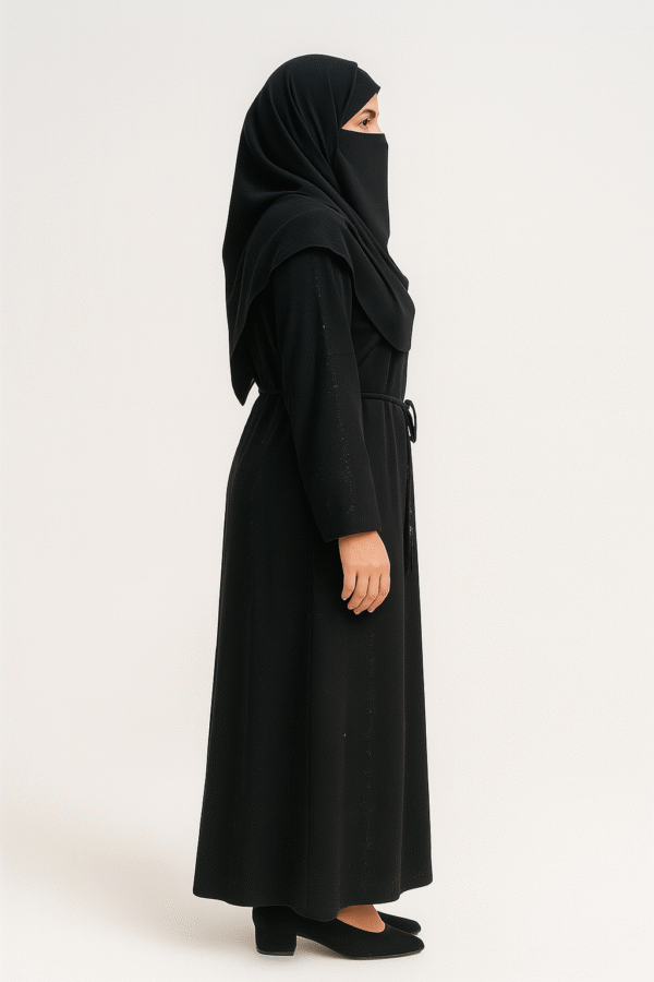 Classic Black Lace Abaya – Elegant Modest Wear with Stone Work